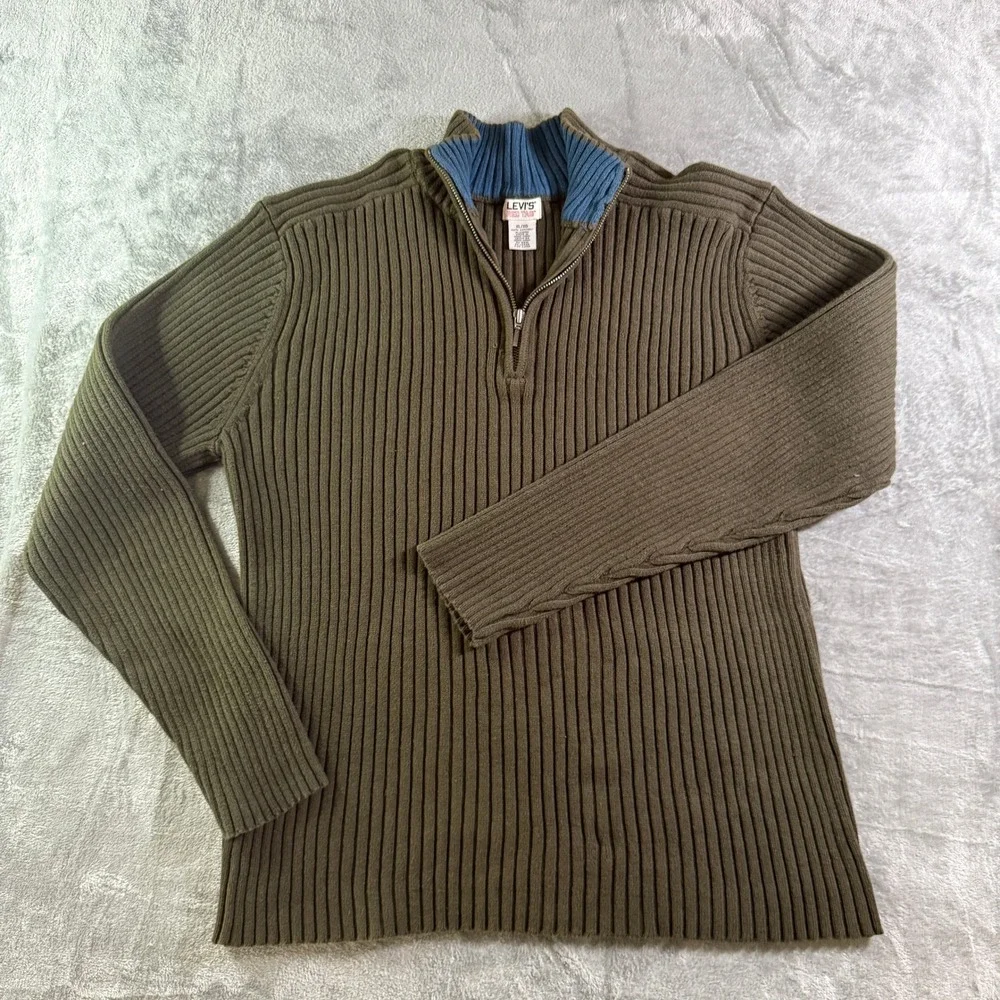 VTG Levi's Red Tab 1/4 Zip Sweater Ribbed Knit Olive Green Blue Collar XL/XG